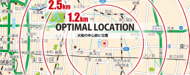 阪神高速高井田インターより約３分、大阪城まで2.5km圏内の好立地。